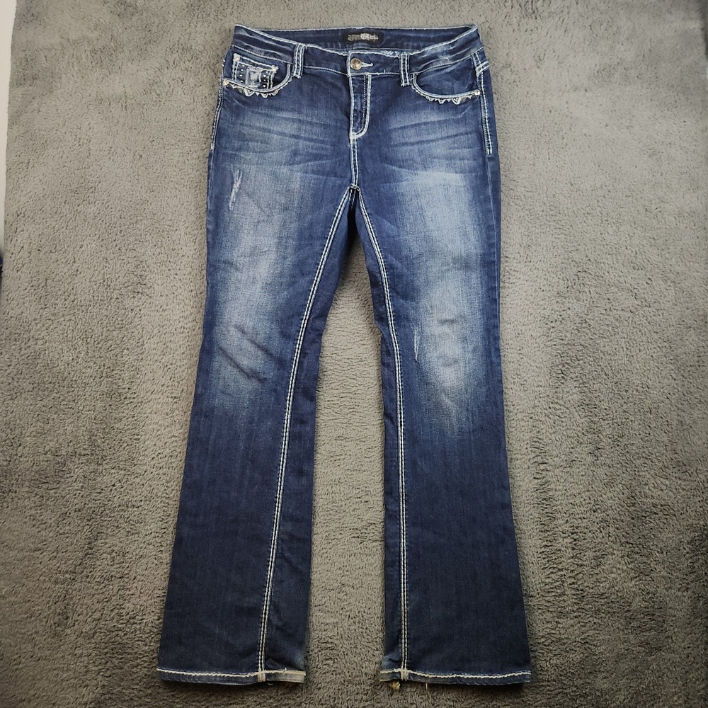 Cello Jeans Women‎ 14/15 Bootcut Heavy Embellished Stretch Whiskered Distressed